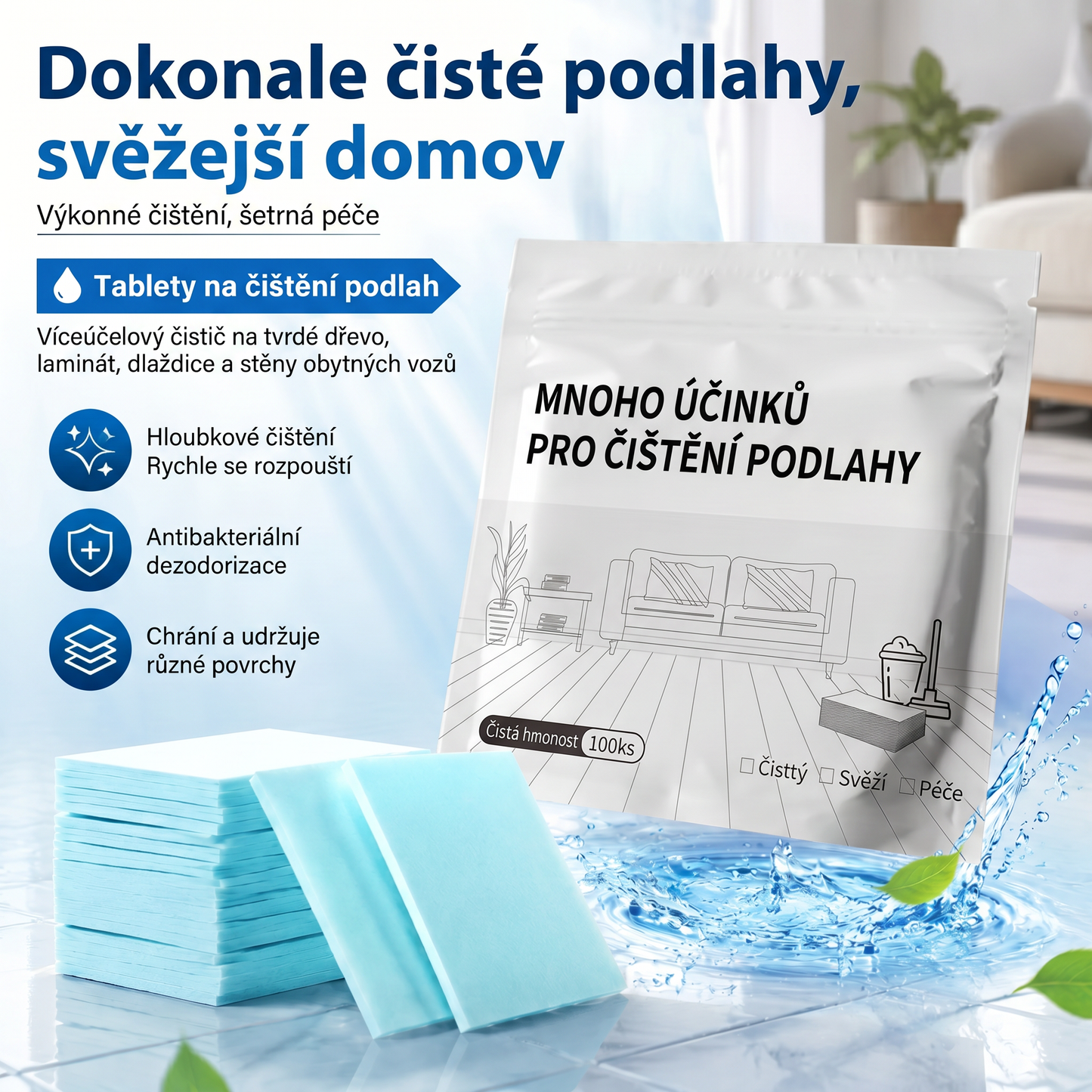 PKNEW® Čisticí tablety na podlahy – Univerzální čistič pro dřevěné, laminátové a dlaždicové povrchy i stěny obytných vozů, antibakteriální a deodorační péče 🌷