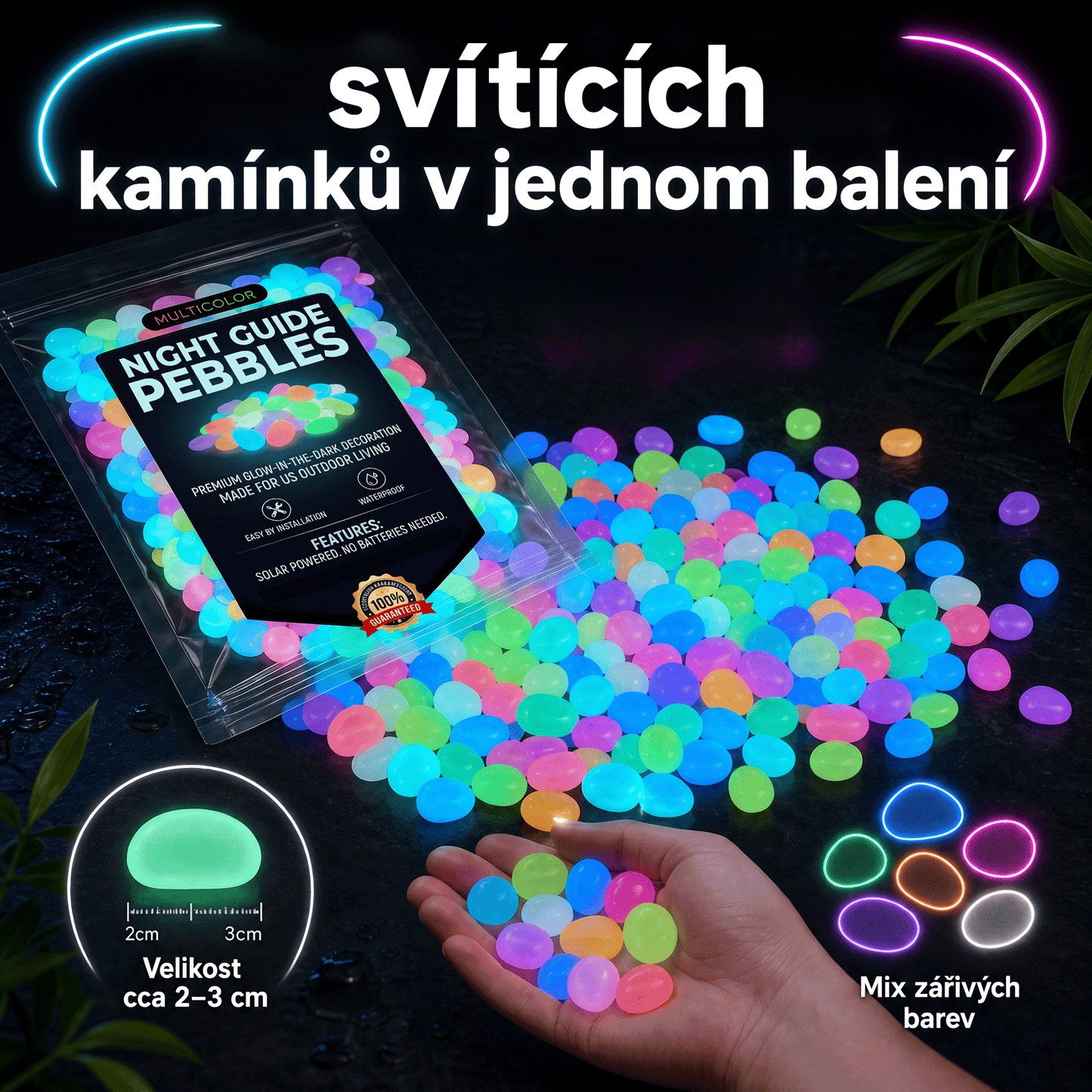 PKNEW® 🌈 Svítící zahradní kamínky nabíjené světlem ✨ – barevná noční záře bez kabelů a baterií, voděodolná dekorace pro cestičky, květináče, záhony, terasu i okolí bazénu