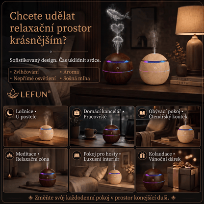LEFUN® Chytrý zvlhčovač a aroma difuzér s tvarovanou mlhou 🌈 – Dřevěný design s medúzovými efekty a RGB osvětlením 💎