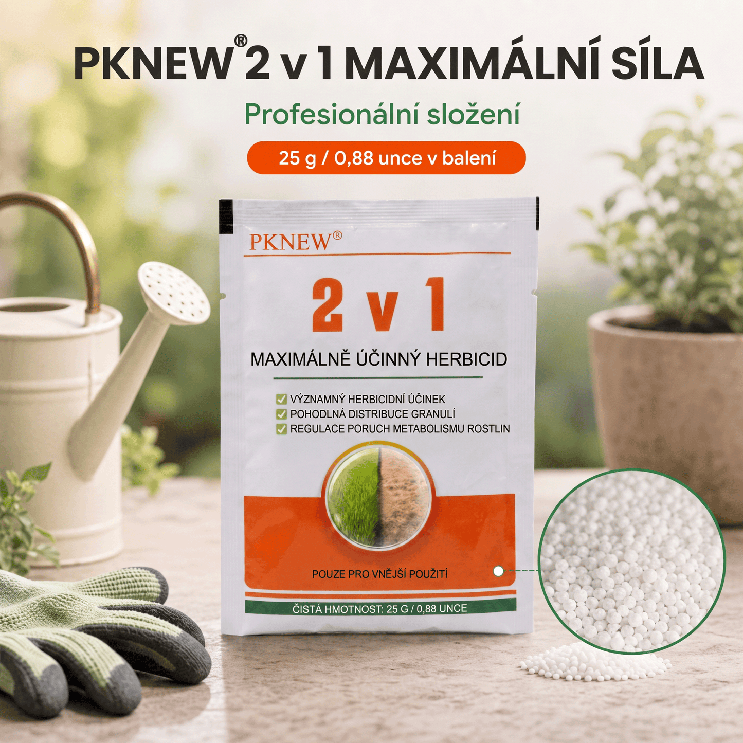 PKNEW® Granulovaný přípravek proti plevelu 2 v 1 Max Power 👑 – viditelný účinek již za 6 hodin, snadné rozmíchání ve vodě a cílené použití na spáry, cesty, ploty i štěrkové plochy 💎