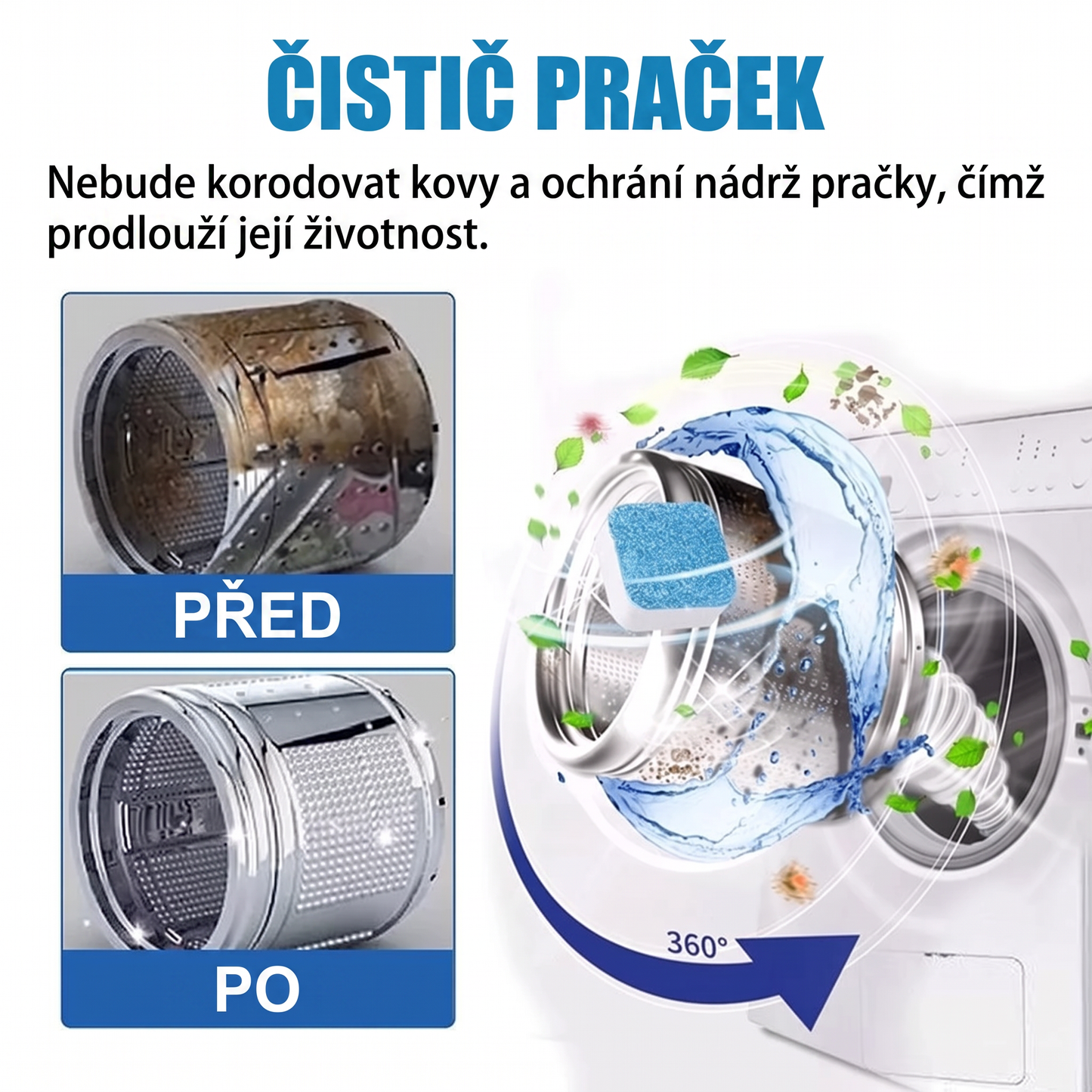 PKNEW®🫧 Čisticí tablety do pračky✨ – Hloubkově pomáhají odstranit usazeniny, zbytky pracích prostředků a nepříjemný zápach bez složitého rozebírání 💙