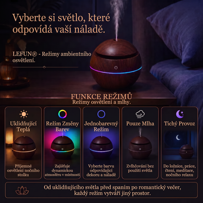 LEFUN® Chytrý zvlhčovač a aroma difuzér s tvarovanou mlhou 🌈 – Dřevěný design s medúzovými efekty a RGB osvětlením 💎