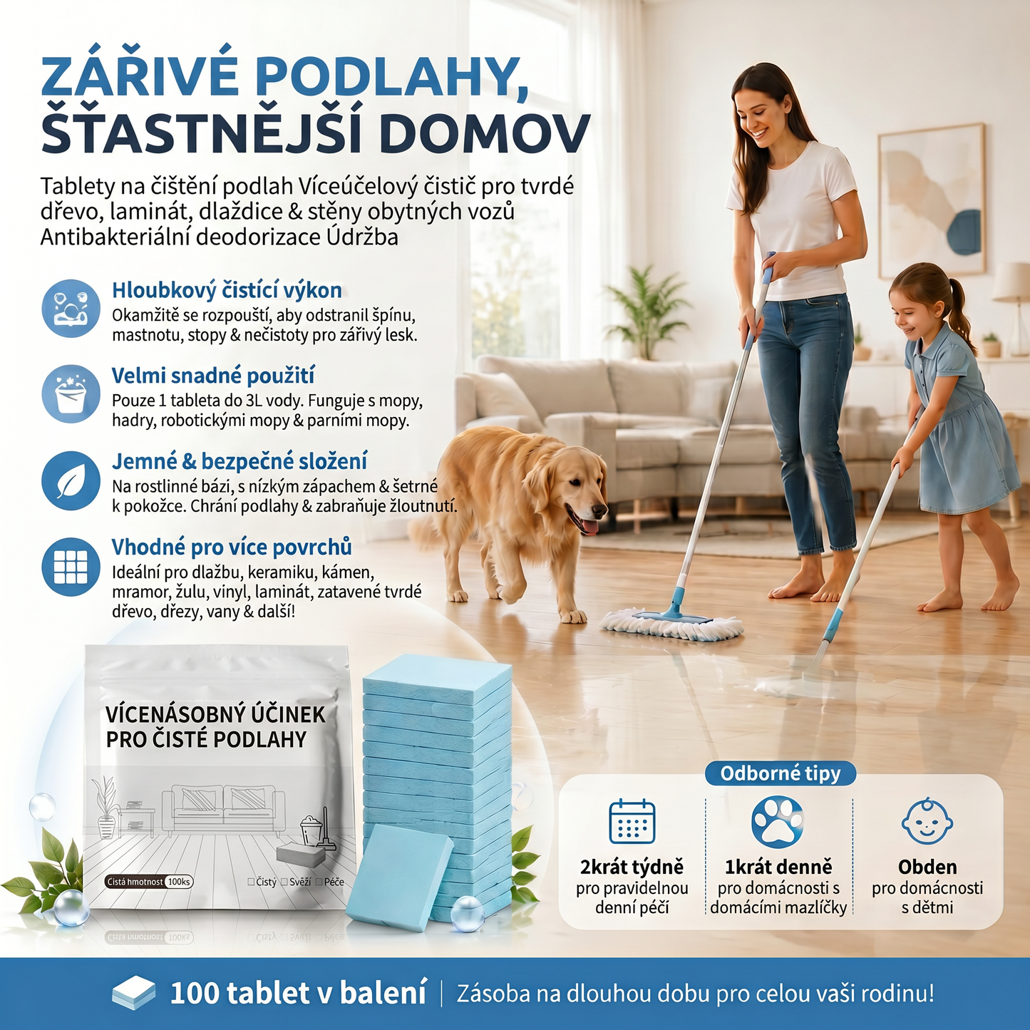 PKNEW® Čisticí tablety na podlahy – Univerzální čistič pro dřevěné, laminátové a dlaždicové povrchy i stěny obytných vozů, antibakteriální a deodorační péče 🌷
