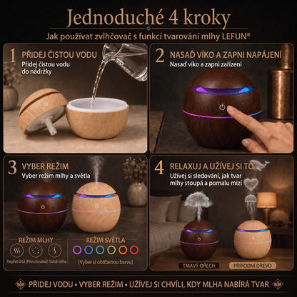 LEFUN® Chytrý zvlhčovač a aroma difuzér s tvarovanou mlhou 🌈 – Dřevěný design s medúzovými efekty a RGB osvětlením 💎