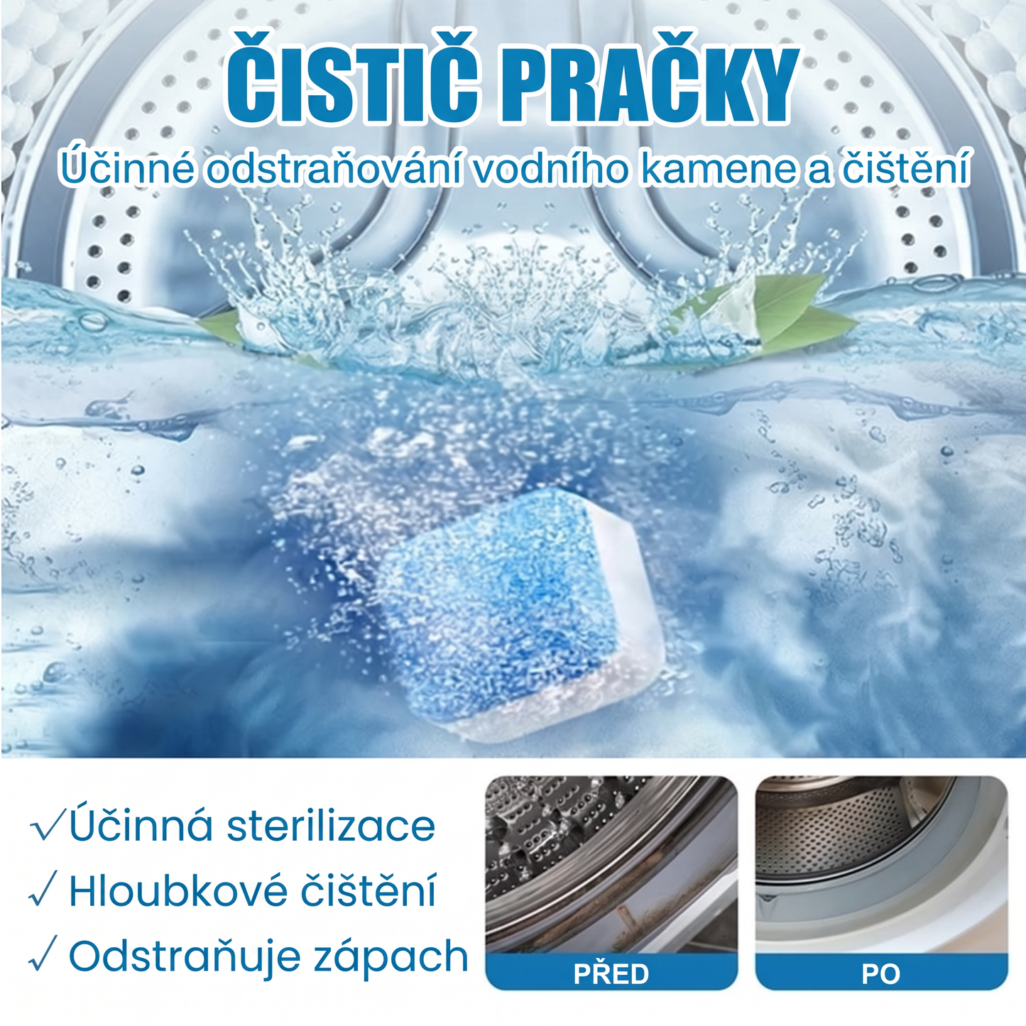 PKNEW®🫧 Čisticí tablety do pračky✨ – Hloubkově pomáhají odstranit usazeniny, zbytky pracích prostředků a nepříjemný zápach bez složitého rozebírání 💙