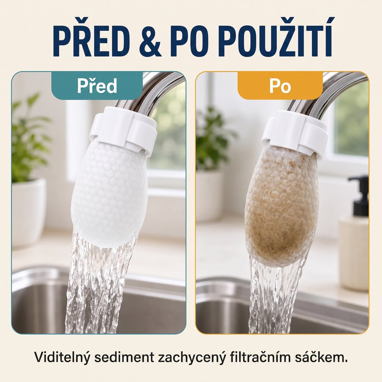 PKNEW® Filtrační sáčky na vodovodní baterii – 50ks jednorázové bavlněné filtry na pitnou vodu pro čistší vodu, omezení stříkající vody a ochranu před usazeninami 🚰