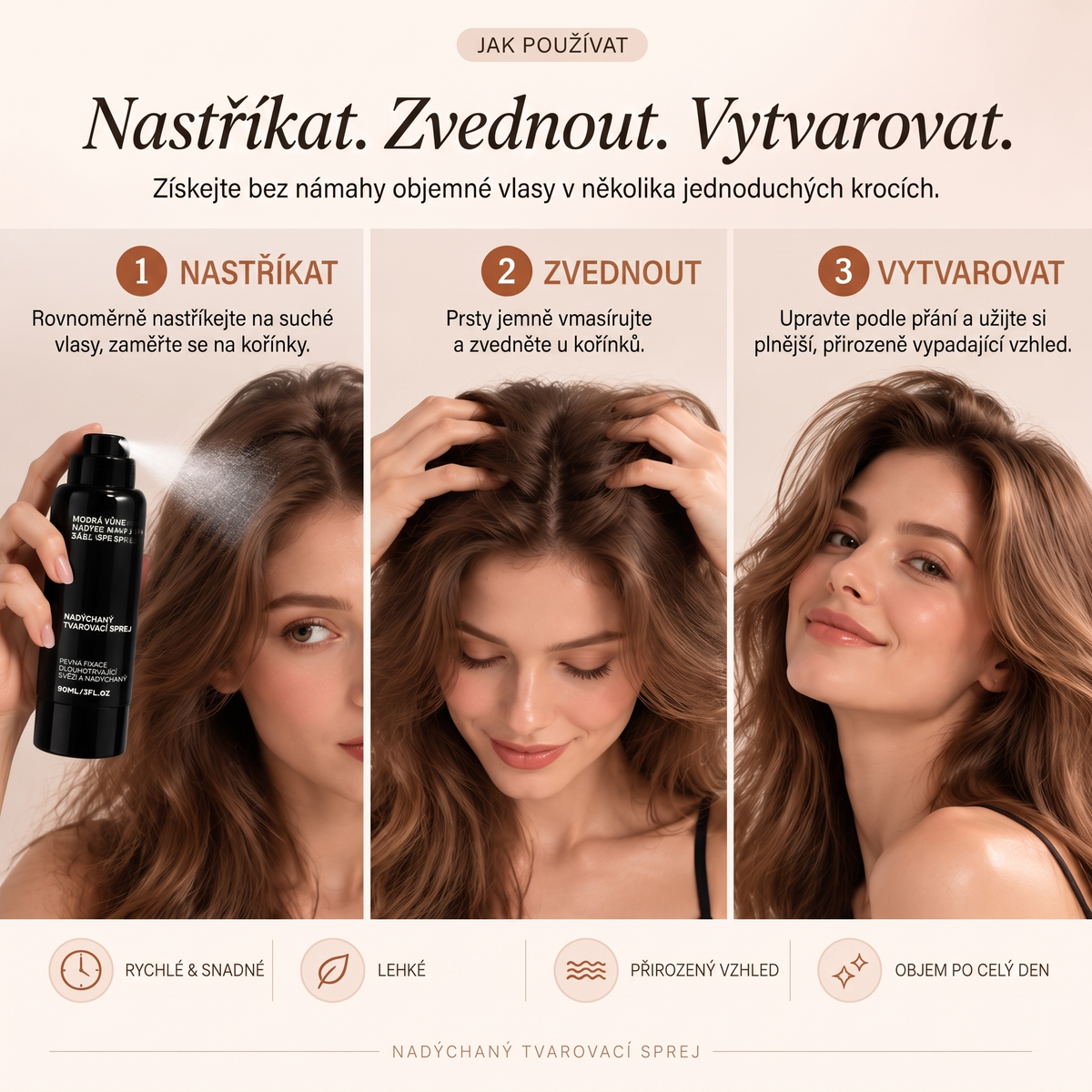 🔥🔥Vitalisys® Tvarovací sprej pro objem vlasů Fluffy Hair – Lehký sprej pro objem od kořínků a přirozený pohyb s broskvovou vůní 💎