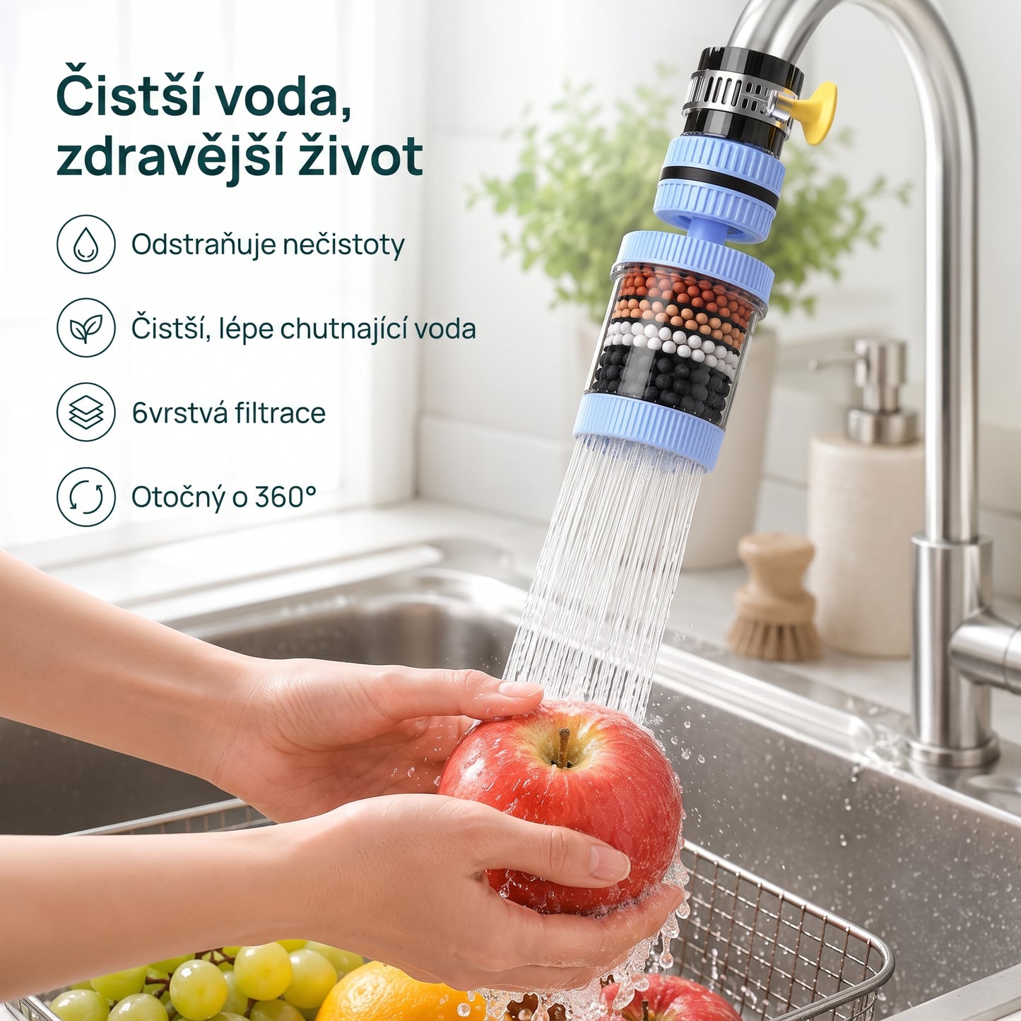 🔥🔥PKNEW®💧 6vrstvý filtrační vodní filtr na kohoutek 360 stupňů otočný, proti stříkající vodě, pro kuchyňský dřez k mytí ovoce, zeleniny a nádobí 🚿