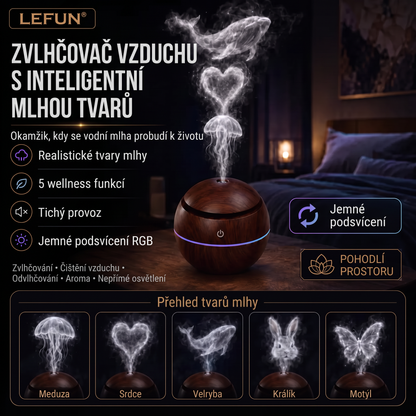 LEFUN® Chytrý zvlhčovač a aroma difuzér s tvarovanou mlhou 🌈 – Dřevěný design s medúzovými efekty a RGB osvětlením 💎