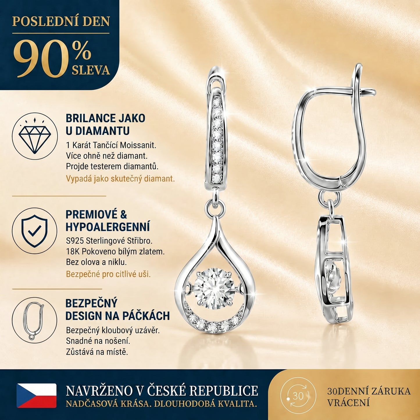 🥇🥇 DNES SLEVA 90 %✨: 1karátové „tančící“ náušnice z moissanitu – čistý komfort a třpyt stříbra S925, který si zasloužíte 💎