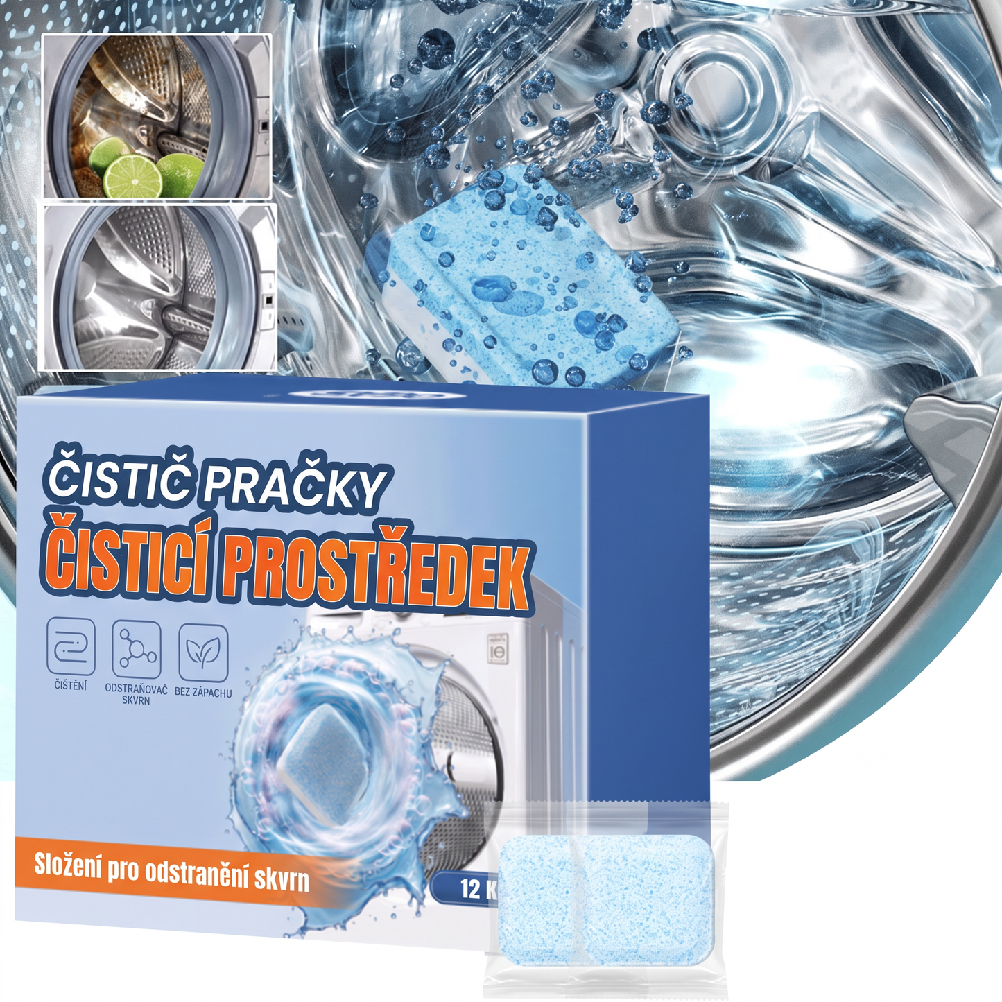 PKNEW®🫧 Čisticí tablety do pračky✨ – Hloubkově pomáhají odstranit usazeniny, zbytky pracích prostředků a nepříjemný zápach bez složitého rozebírání 💙