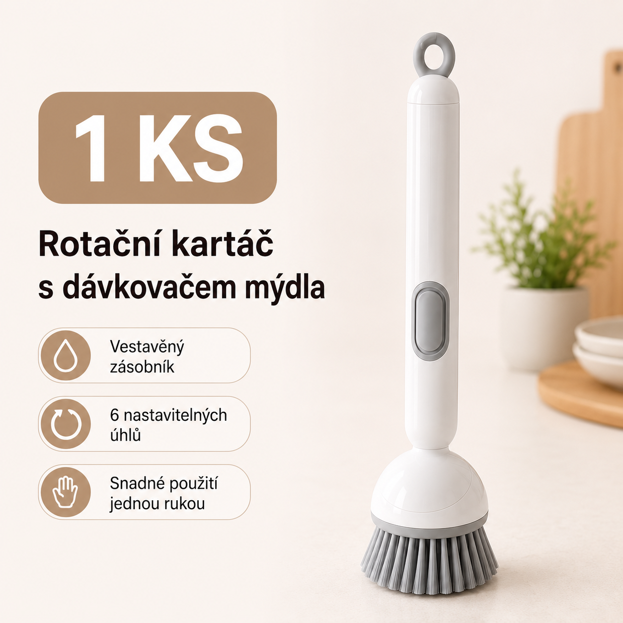PKNEW® Chytrý kuchyňský kartáč s dávkovačem saponátu 🧽 – otočná hlavice pro snadné čištění hrnců, pánví a nádobí jednou rukou 💧
