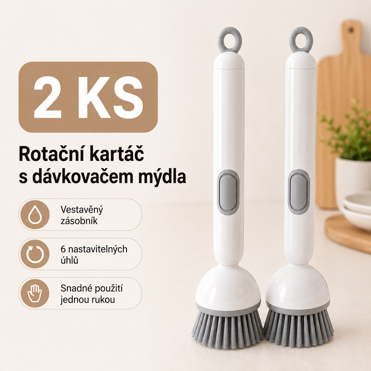 PKNEW® Chytrý kuchyňský kartáč s dávkovačem saponátu 🧽 – otočná hlavice pro snadné čištění hrnců, pánví a nádobí jednou rukou 💧