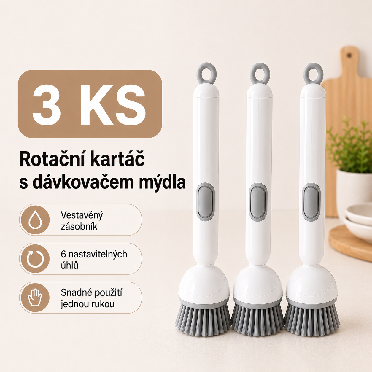 PKNEW® Chytrý kuchyňský kartáč s dávkovačem saponátu 🧽 – otočná hlavice pro snadné čištění hrnců, pánví a nádobí jednou rukou 💧