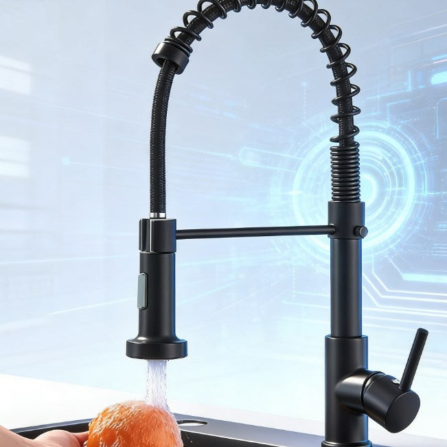 Heavy-Duty Solid Brass Kitchen Faucet - Matte Black Spring Sink Tap with Pull-Down Sprayer - Lead-Free Dual-Function Water Mixer Crane for Modern Kitchen