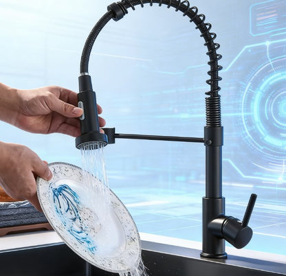 Heavy-Duty Solid Brass Kitchen Faucet - Matte Black Spring Sink Tap with Pull-Down Sprayer - Lead-Free Dual-Function Water Mixer Crane for Modern Kitchen