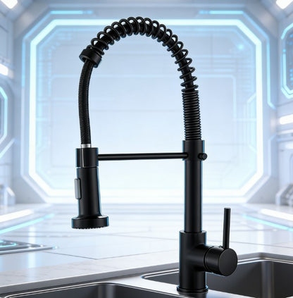 Heavy-Duty Solid Brass Kitchen Faucet - Matte Black Spring Sink Tap with Pull-Down Sprayer - Lead-Free Dual-Function Water Mixer Crane for Modern Kitchen