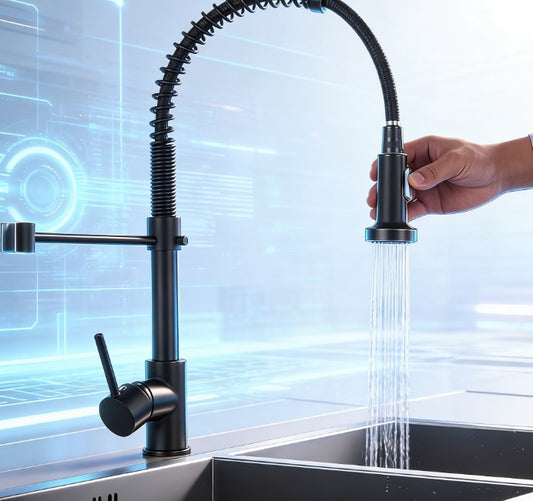 Heavy-Duty Solid Brass Kitchen Faucet - Matte Black Spring Sink Tap with Pull-Down Sprayer - Lead-Free Dual-Function Water Mixer Crane for Modern Kitchen