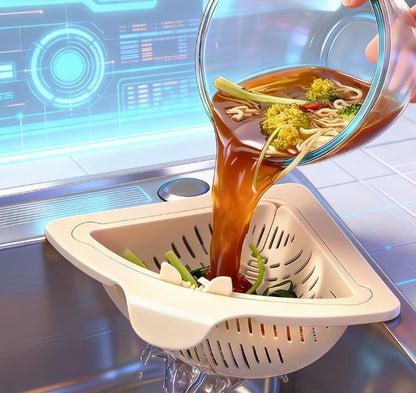 Space-Saving Sink Corner Strainer - Triangular Mesh Drainage Basket for Food Waste - Punch-Free Hanging Sink Caddy & Sponge Holder for Neat Countertops