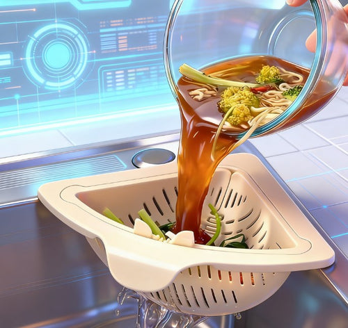 Space-Saving Sink Corner Strainer - Triangular Mesh Drainage Basket for Food Waste - Punch-Free Hanging Sink Caddy & Sponge Holder for Neat Countertops