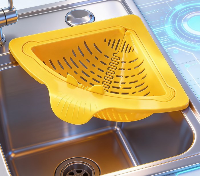 Space-Saving Sink Corner Strainer - Triangular Mesh Drainage Basket for Food Waste - Punch-Free Hanging Sink Caddy & Sponge Holder for Neat Countertops