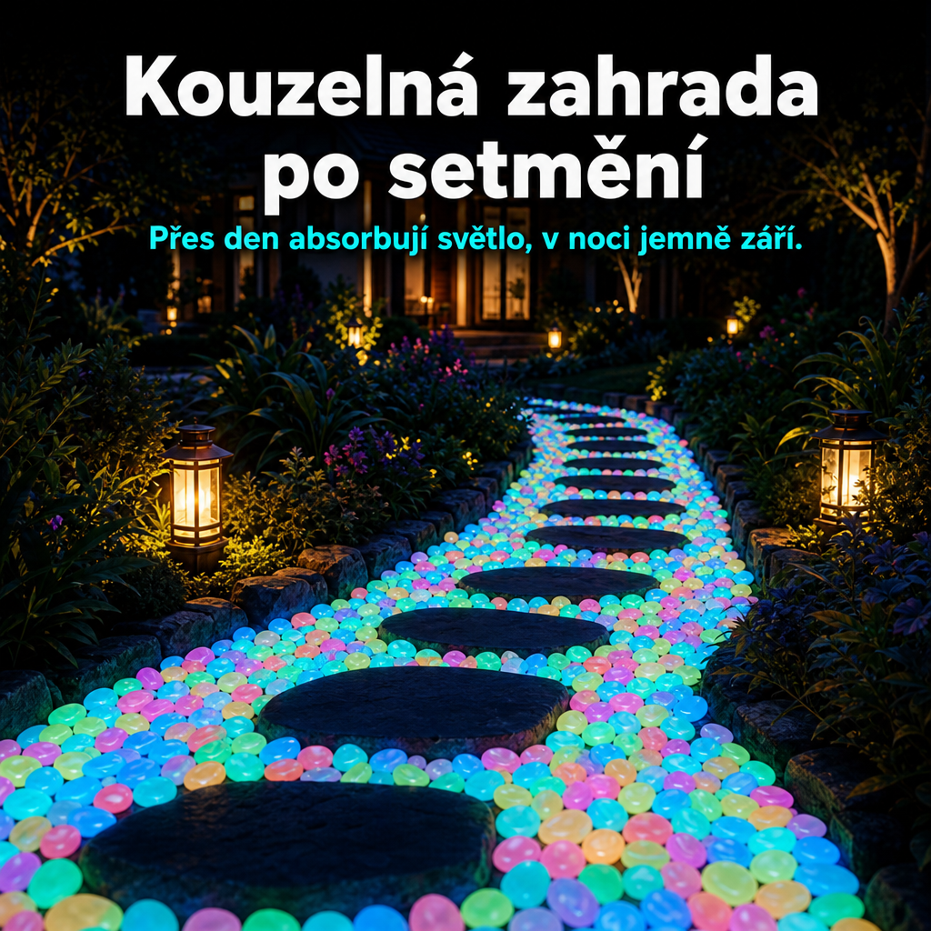 PKNEW® 🌈 Svítící zahradní kamínky nabíjené světlem ✨ – barevná noční záře bez kabelů a baterií, voděodolná dekorace pro cestičky, květináče, záhony, terasu i okolí bazénu