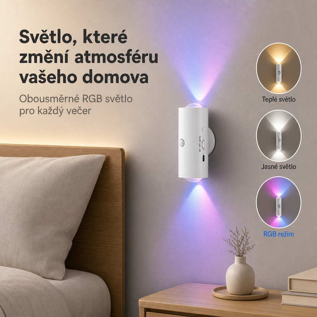 PKNEW® 💡 Chytré obousměrné RGB noční světlo se senzorem pohybu 🌈 – automatické rozsvícení, magnetická instalace bez vrtání a USB-C nabíjení pro ložnici, chodbu i schodiště 💎