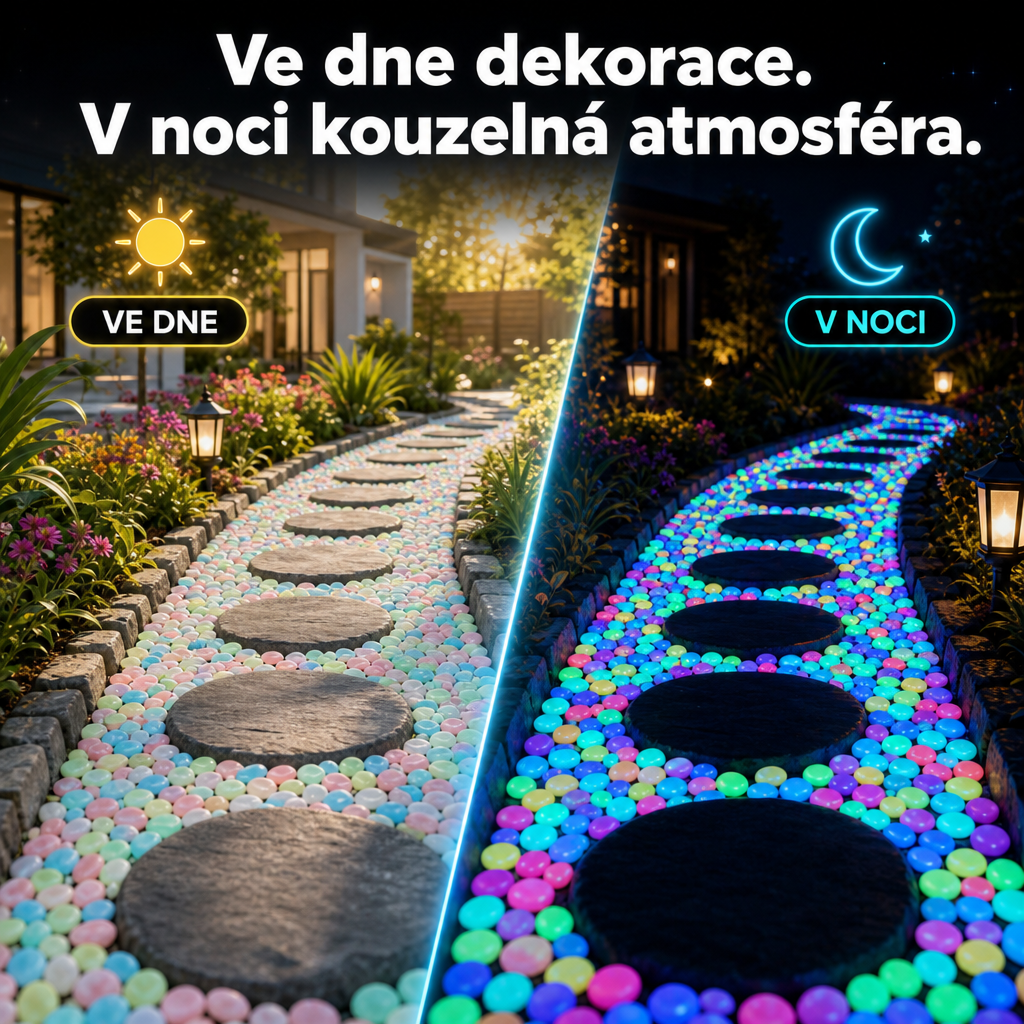 PKNEW® 🌈 Svítící zahradní kamínky nabíjené světlem ✨ – barevná noční záře bez kabelů a baterií, voděodolná dekorace pro cestičky, květináče, záhony, terasu i okolí bazénu