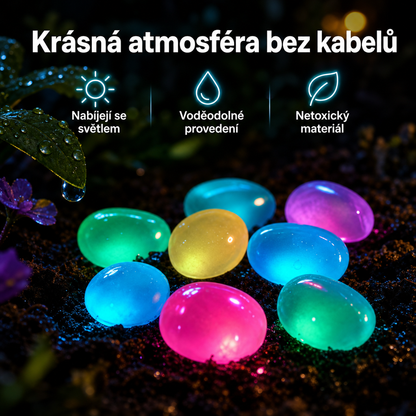 PKNEW® 🌈 Svítící zahradní kamínky nabíjené světlem ✨ – barevná noční záře bez kabelů a baterií, voděodolná dekorace pro cestičky, květináče, záhony, terasu i okolí bazénu