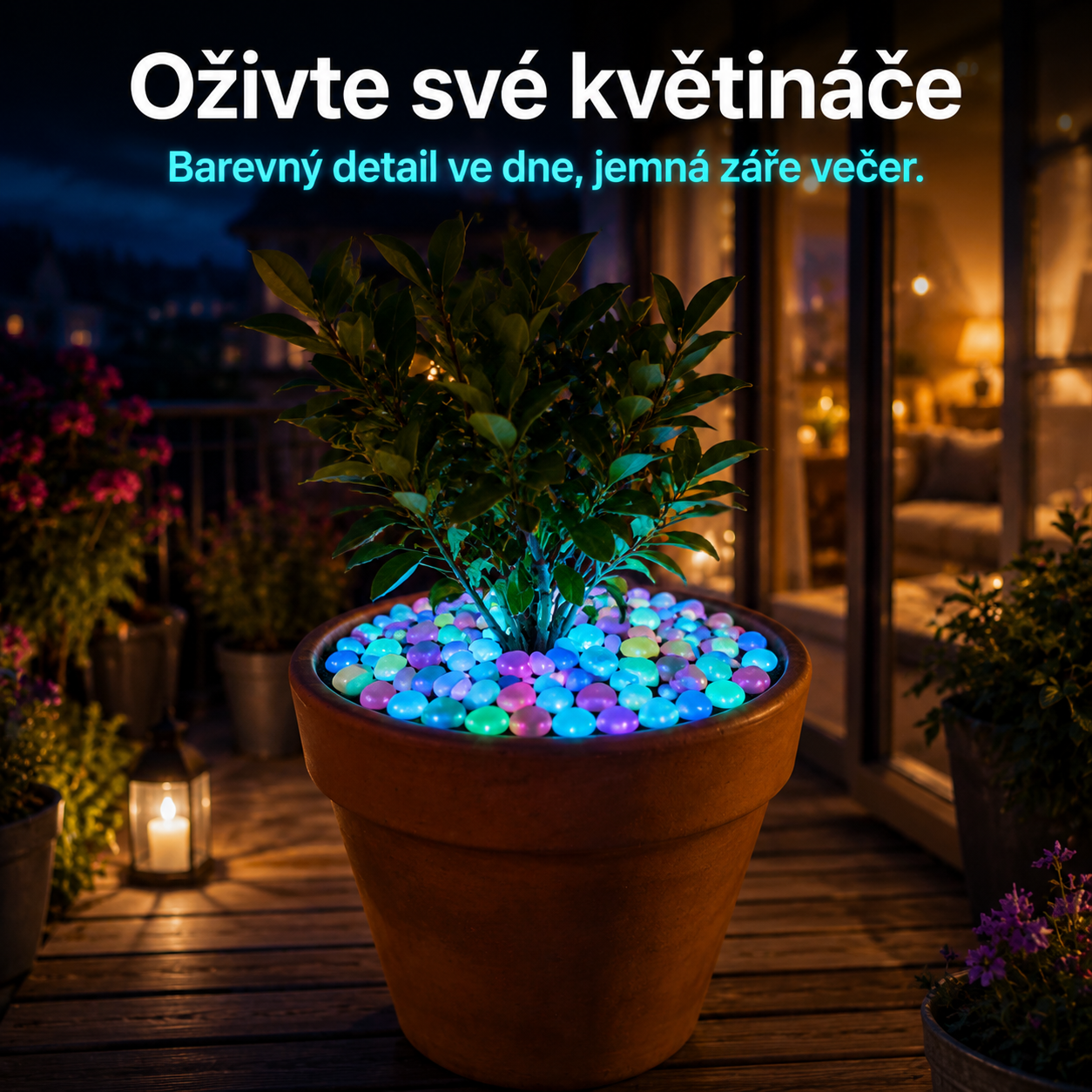 PKNEW® 🌈 Svítící zahradní kamínky nabíjené světlem ✨ – barevná noční záře bez kabelů a baterií, voděodolná dekorace pro cestičky, květináče, záhony, terasu i okolí bazénu