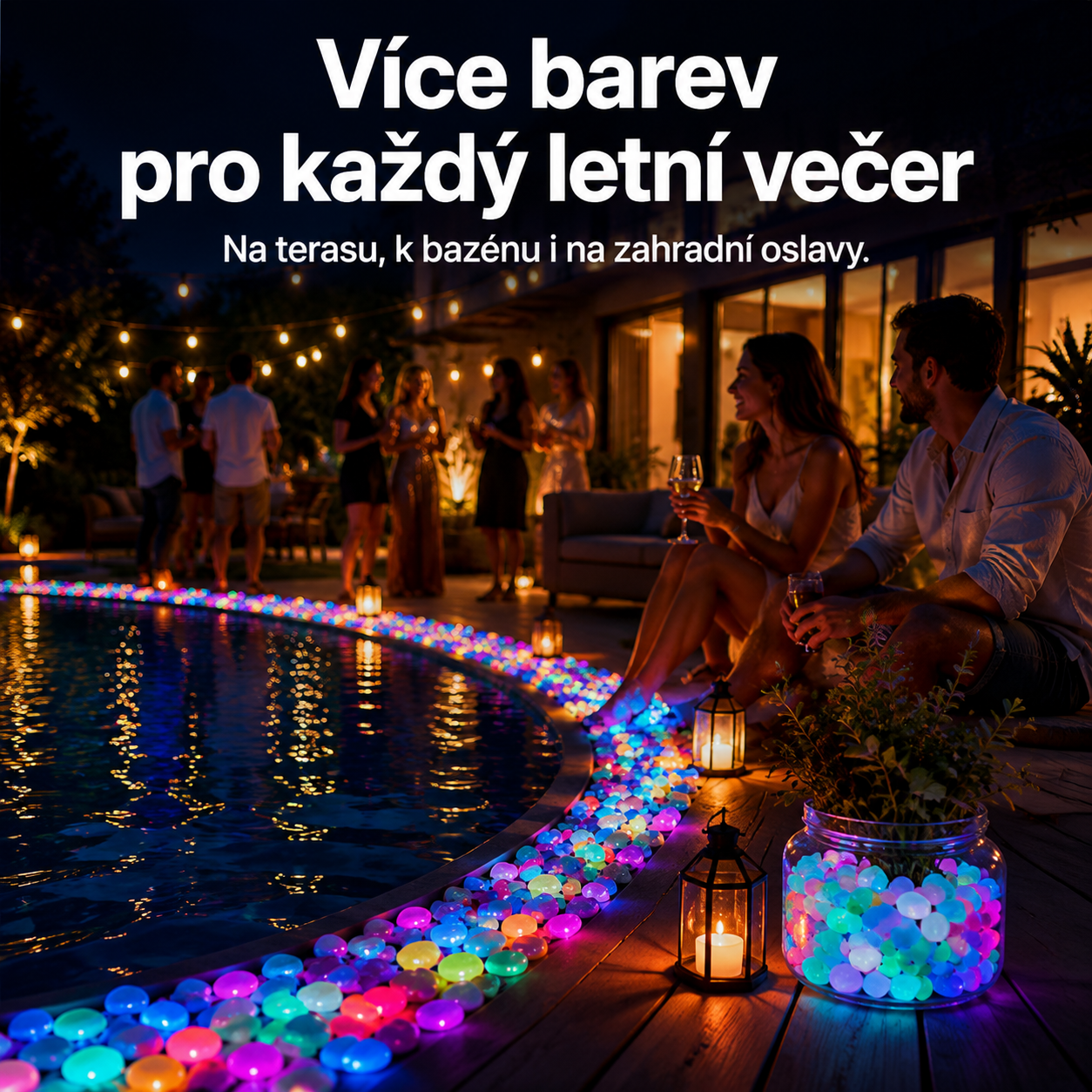 PKNEW® 🌈 Svítící zahradní kamínky nabíjené světlem ✨ – barevná noční záře bez kabelů a baterií, voděodolná dekorace pro cestičky, květináče, záhony, terasu i okolí bazénu