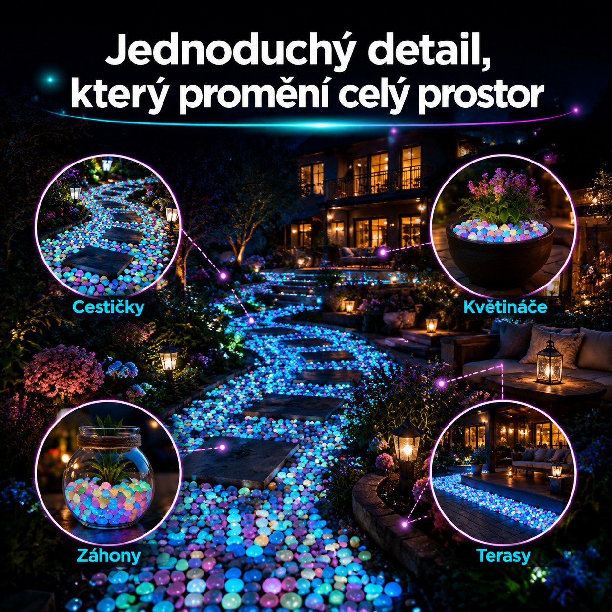 PKNEW® 🌈 Svítící zahradní kamínky nabíjené světlem ✨ – barevná noční záře bez kabelů a baterií, voděodolná dekorace pro cestičky, květináče, záhony, terasu i okolí bazénu