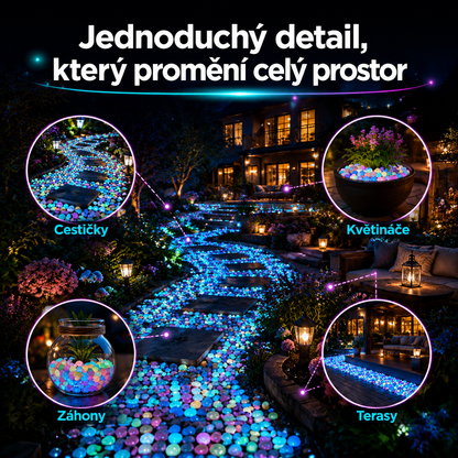 PKNEW® 🌈 Svítící zahradní kamínky nabíjené světlem ✨ – barevná noční záře bez kabelů a baterií, voděodolná dekorace pro cestičky, květináče, záhony, terasu i okolí bazénu
