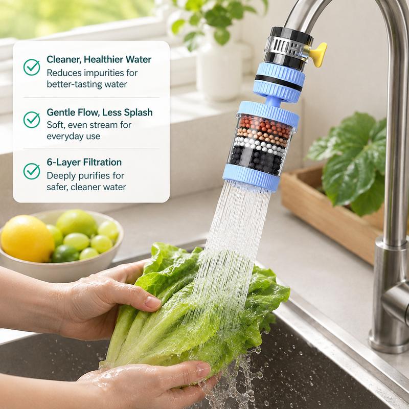 PKNEW® 6vrstvý filtrační vodní filtr na kohoutek 360 stupňů otočný, proti stříkající vodě, pro kuchyňský dřez k mytí ovoce, zeleniny a nádobí 🚿
