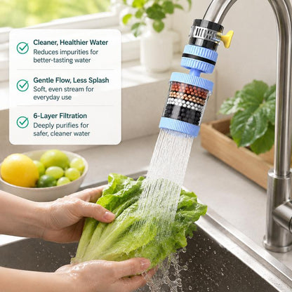 PKNEW® 6vrstvý filtrační vodní filtr na kohoutek 360 stupňů otočný, proti stříkající vodě, pro kuchyňský dřez k mytí ovoce, zeleniny a nádobí 🚿